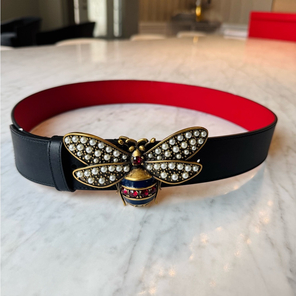 Gucci Black and Red Belt with Pearl Bee